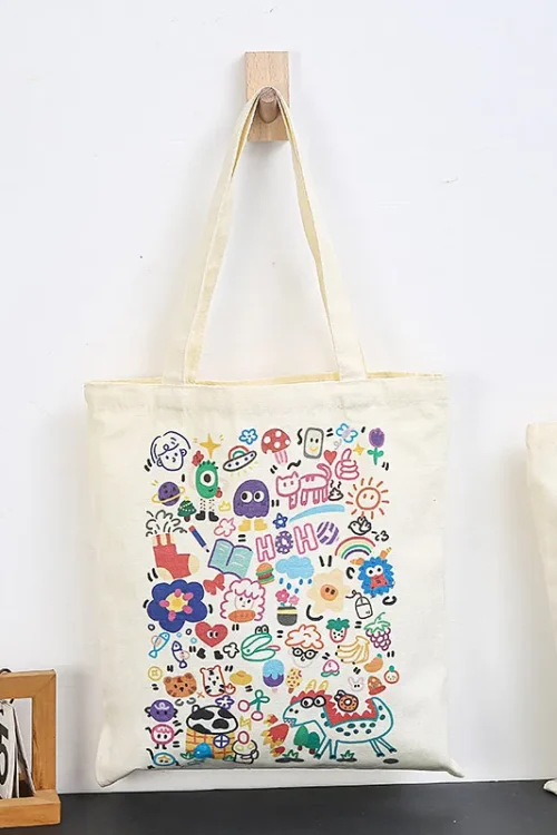 Women’s Medium Canvas Cartoon Basic Classic Style Square Open Canvas Bag