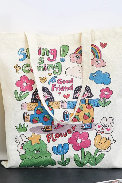 Women’s Medium Canvas Cartoon Basic Classic Style Square Open Canvas Bag