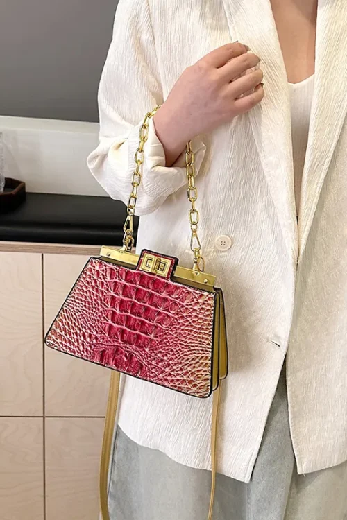 Women’s Pu Leather Crocodile Vintage Style Sewing Thread Chain Square Lock Clasp Crossbody Bag