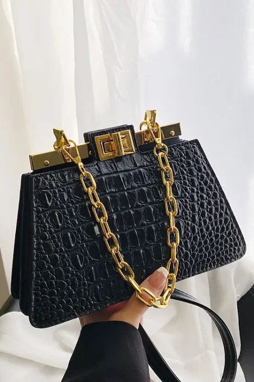 Women’s Pu Leather Crocodile Vintage Style Sewing Thread Chain Square Lock Clasp Crossbody Bag