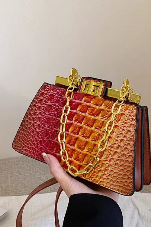 Women’s Pu Leather Crocodile Vintage Style Sewing Thread Chain Square Lock Clasp Crossbody Bag