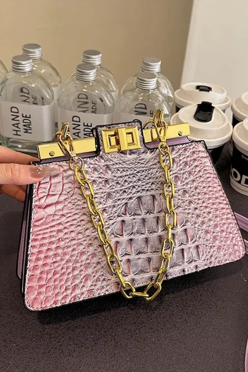 Women’s Pu Leather Crocodile Vintage Style Sewing Thread Chain Square Lock Clasp Crossbody Bag