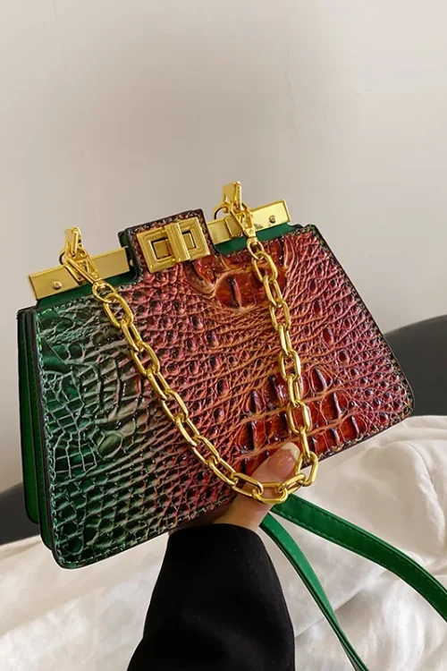 Women’s Pu Leather Crocodile Vintage Style Sewing Thread Chain Square Lock Clasp Crossbody Bag