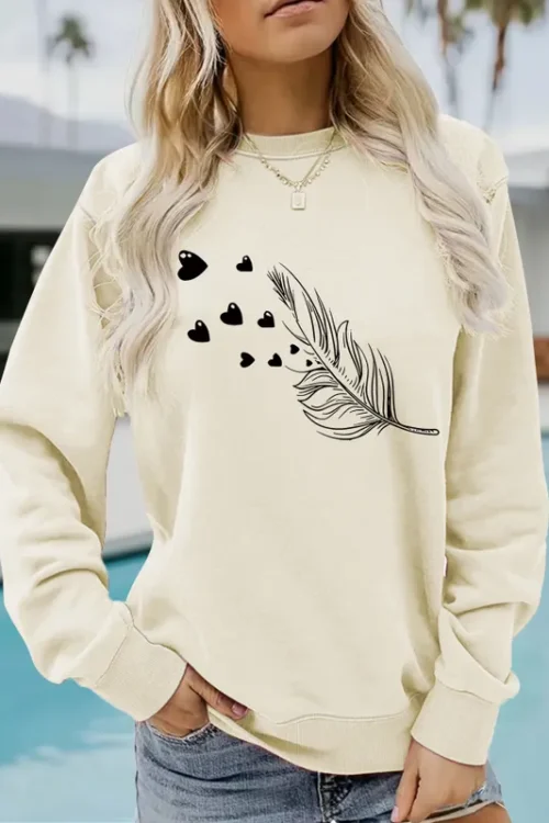 Hoodies & Sweatshirts Long Sleeve Printing Streetwear Heart Shape Feather