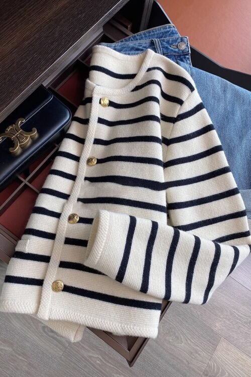 Women’s Knitwear Long Sleeve Sweaters & Cardigans Button Yarn-Dyed Streetwear Stripe