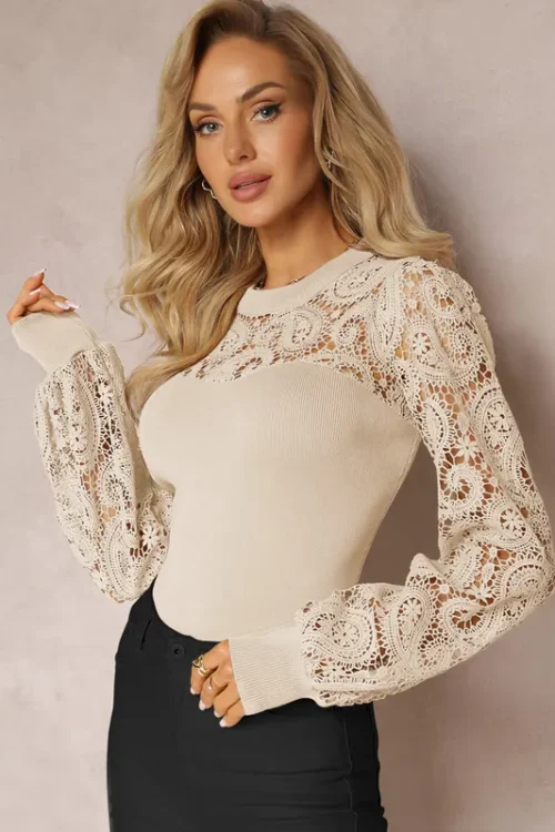 Women’s Chiffon Shirt Long Sleeve T-Shirts Lace Hollow Out Casual Elegant Solid Color