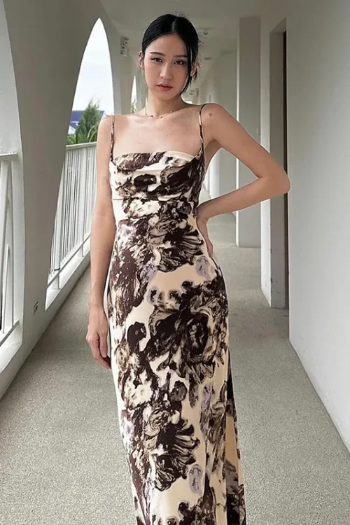 Women’s Sheath Dress Elegant Sexy Strap Square Neck Printing Sleeveless Printing Maxi Long Dress Holiday