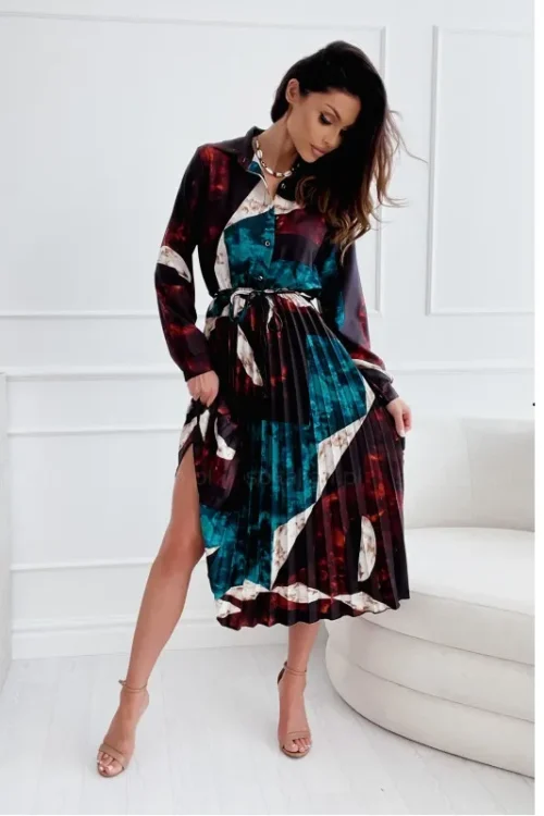 Women’s Shirt Dress Elegant Turndown Long Sleeve Color Block Midi Dress Daily