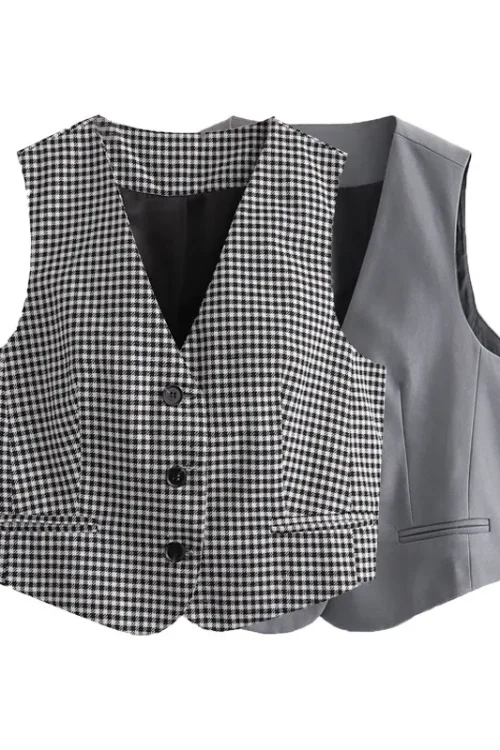 Women’s Sleeveless Blazers Button Streetwear Plaid