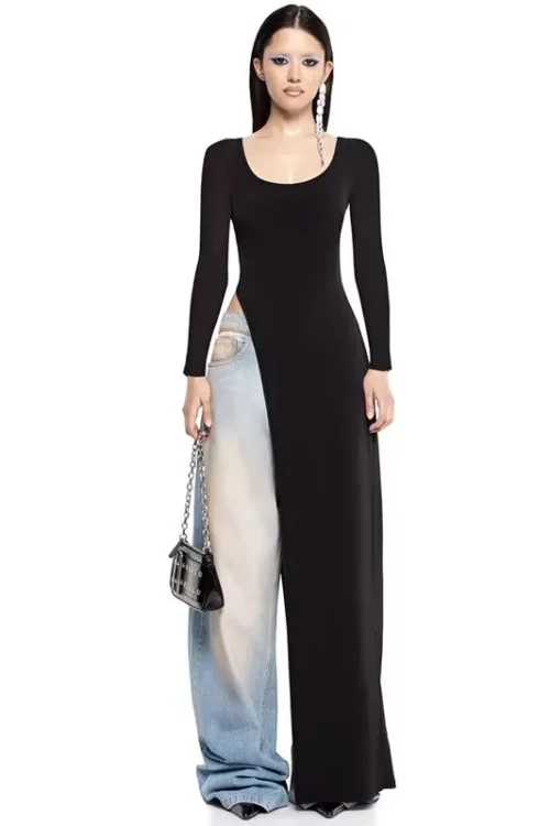 Women’s Slit Dress Sexy Streetwear U Neck Long Sleeve Solid Color Maxi Long Dress Holiday