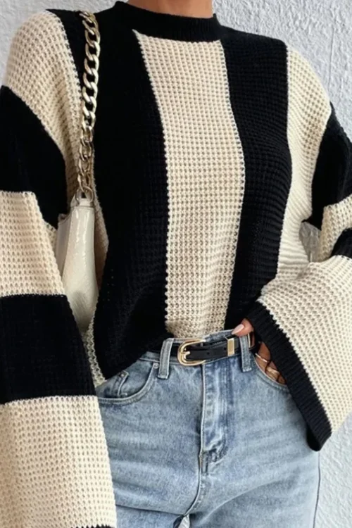 Women’s Sweater Long Sleeve Sweaters & Cardigans Contrast Binding Rib-Knit Streetwear Stripe