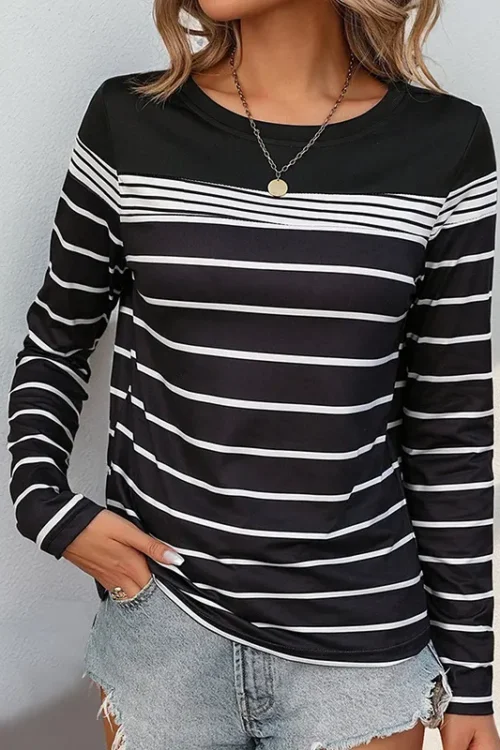 Women’s T-shirt Long Sleeve T-Shirts Printing Contrast Binding Casual Stripe