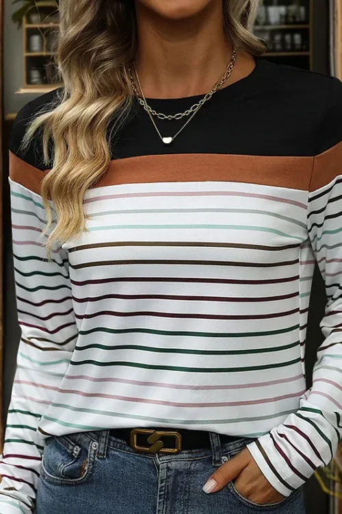 Women’s T-shirt Long Sleeve T-Shirts Rib-Knit Casual Streetwear Stripe