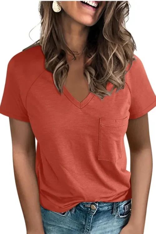 Women’s T-shirt Short Sleeve T-Shirts Pocket Patchwork Casual Solid Color