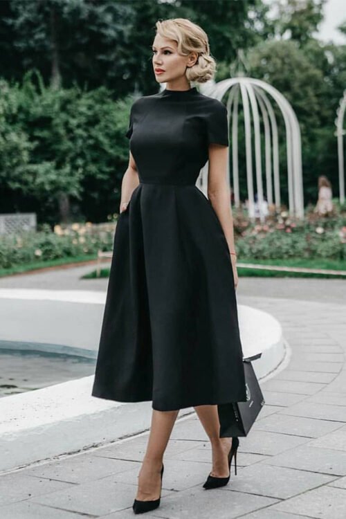 Swing Dress Elegant Round Neck Zipper Short Sleeve