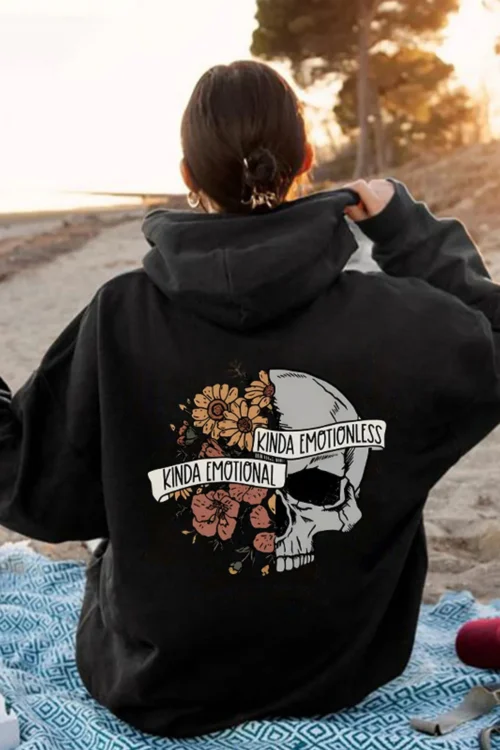 Women’s Hoodies Long Sleeve Printing Pocket Streetwear Flower Skull