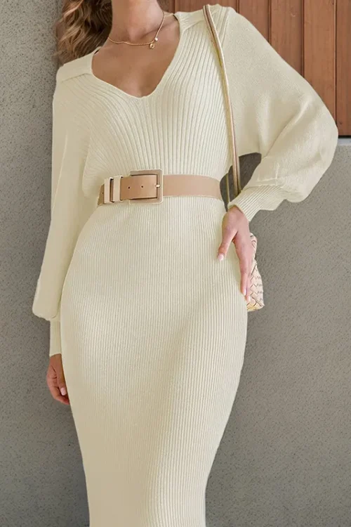 Sheath Dress Elegant V Neck Rib-Knit Long Sleeve