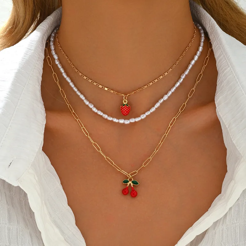 Cute Cherry Strawberry Imitation Pearl Alloy Beaded Chain Paperclip Chain Layered Necklaces