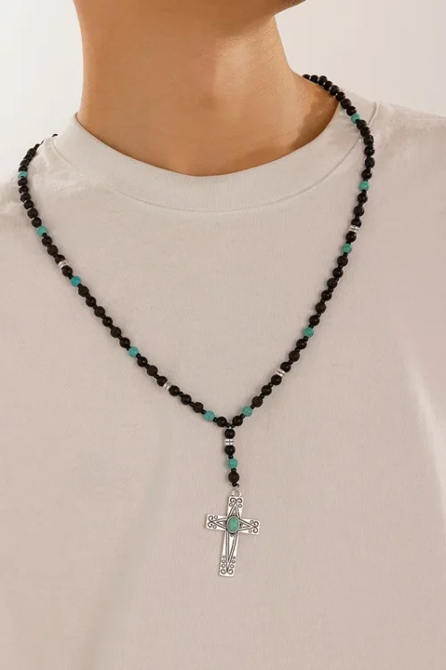 Cross Alloy Turquoise Lava Rock Men’s Pendant Necklace