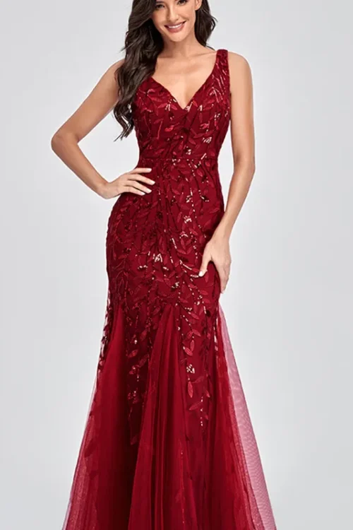 Dress Elegant Deep V Sequins Backless Sleeveless Leaves